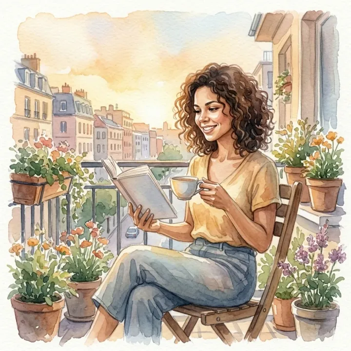 Página ilustrada em aquarela: uma tarde de sol, a mesma cena que aparece nos cinco estilos.