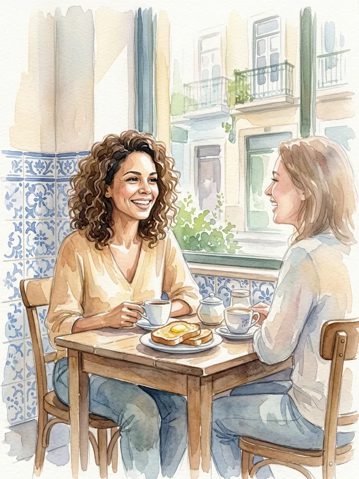 Página ilustrada: duas amigas tomando café numa padaria de bairro.