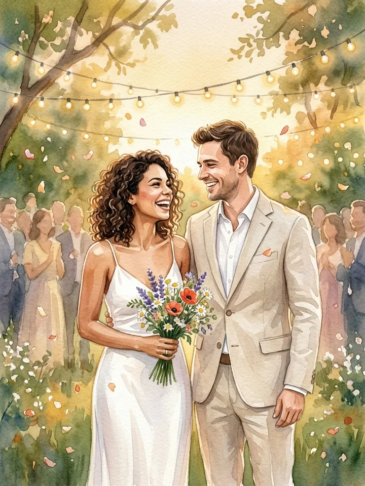 Página ilustrada: um casal rindo no próprio casamento, num jardim ao fim de tarde, pétalas no ar.