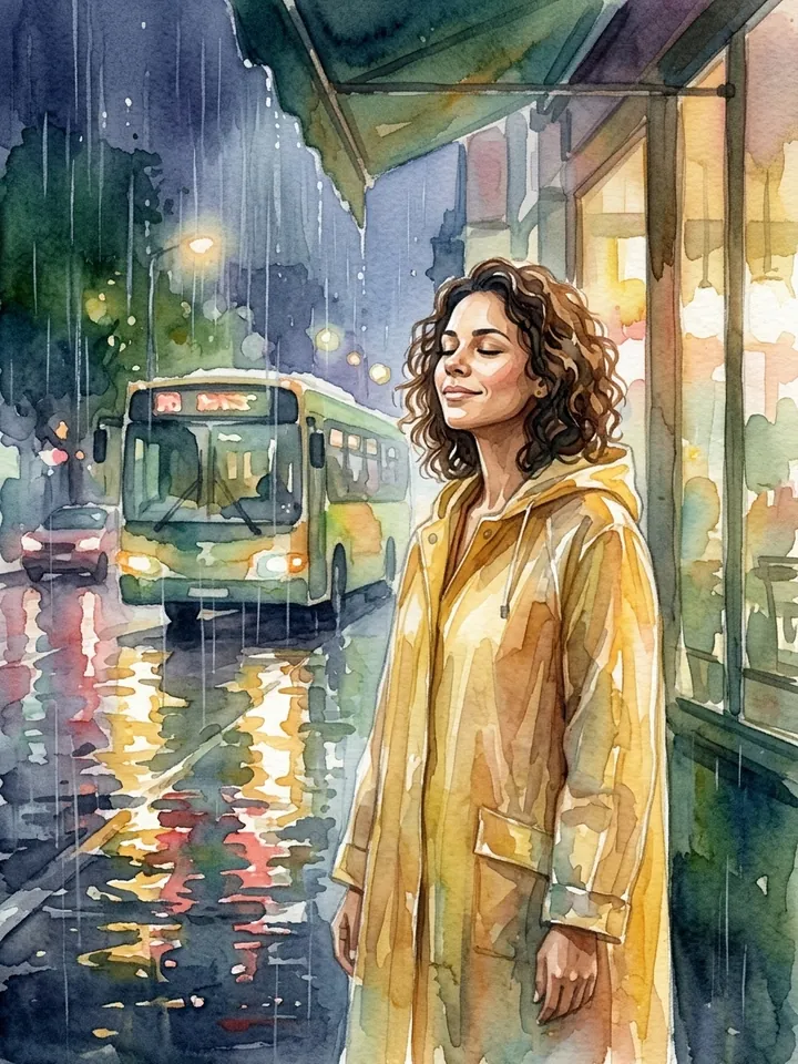 Página ilustrada: uma mulher de capa amarela sob uma marquise, chuva na cidade ao anoitecer.