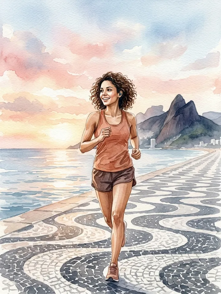 Página ilustrada em aquarela: uma mulher correndo na orla de Copacabana ao amanhecer.