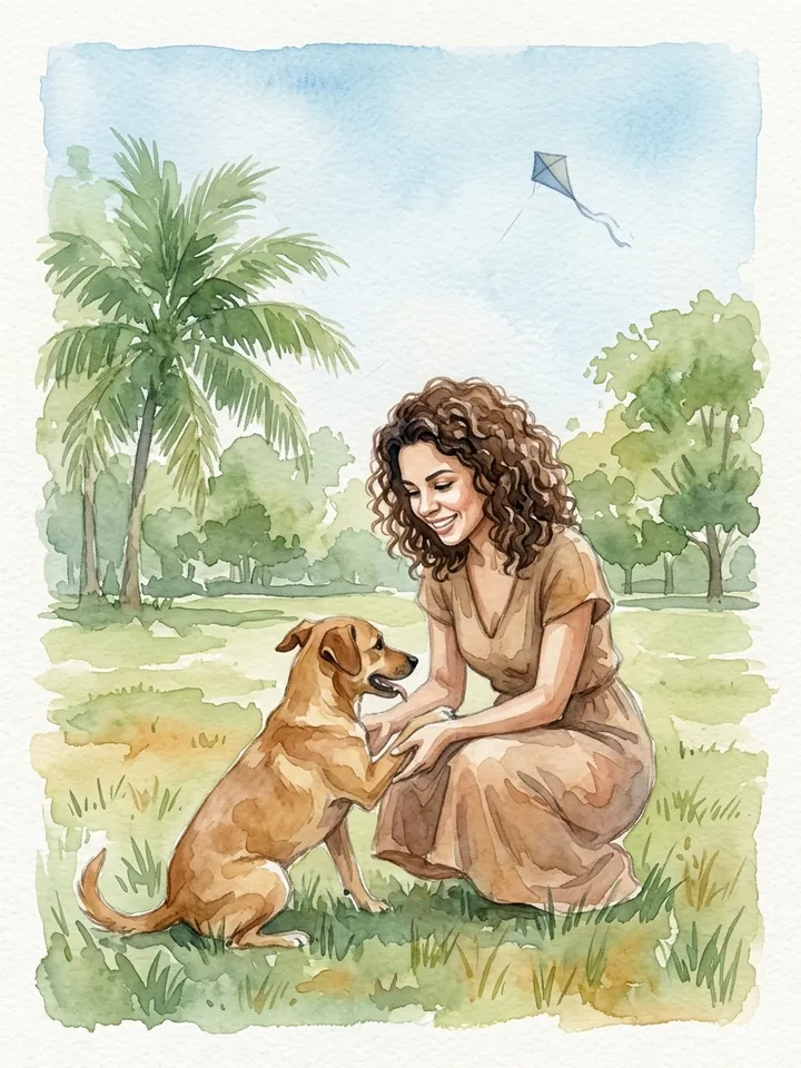 Página ilustrada: uma mulher brincando com uma cachorra caramelo num gramado.