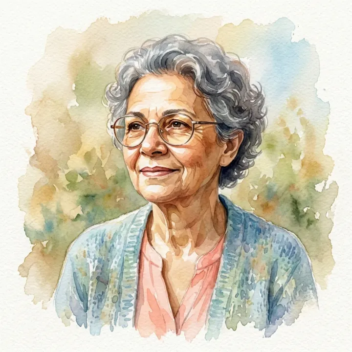 Retrato ilustrado em aquarela: Dona Lúcia, minha mãe.