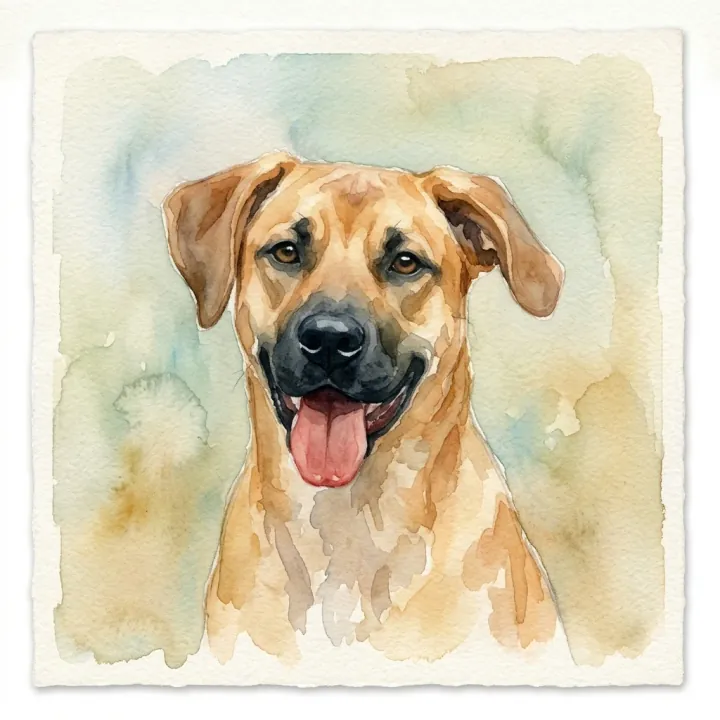 Retrato ilustrado em aquarela: Nina, nossa cachorra.