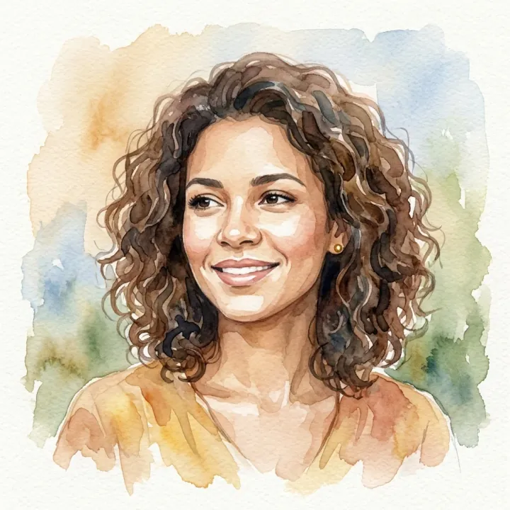 Retrato ilustrado em aquarela de uma mulher sorrindo, com um fundo de campo.
